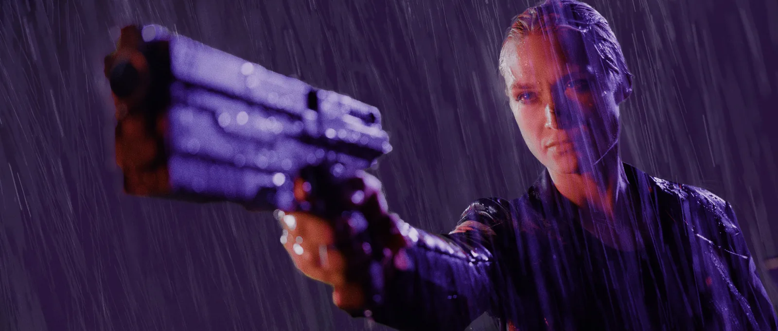 Actor Deborah Muriel Blum in a high-production value cyberpunk action scene, professionally styled with dramatic lighting and atmosphere